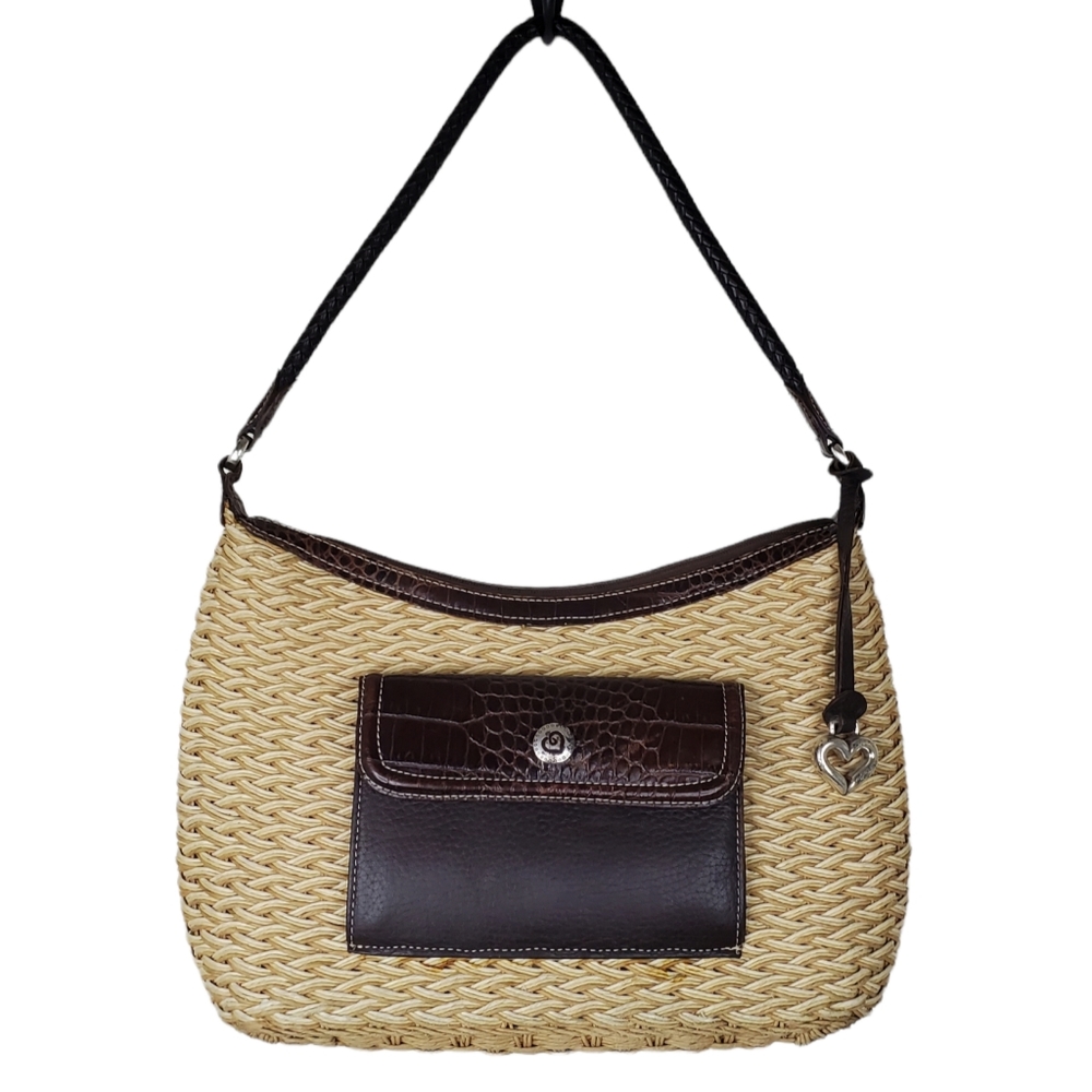 Brighton Edna Shoulder Handbag Brown Leather Natural Woven Rattan Purse